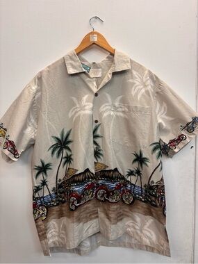 Go Hawaii Men's Casual Beige Tropical Motorcycle Graphic Print Camp Shirt Large
